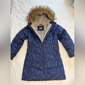 Lands End Girls Fleece Lined Parka Coat Medium 8 Navy Blue with Stars Faux Fur